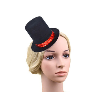 Women Girl Red Sequin Black Mini Top Hat Hair Clip  Base DIY Craft  Wear   Wedding Party   Birthday Cosplay Christmas