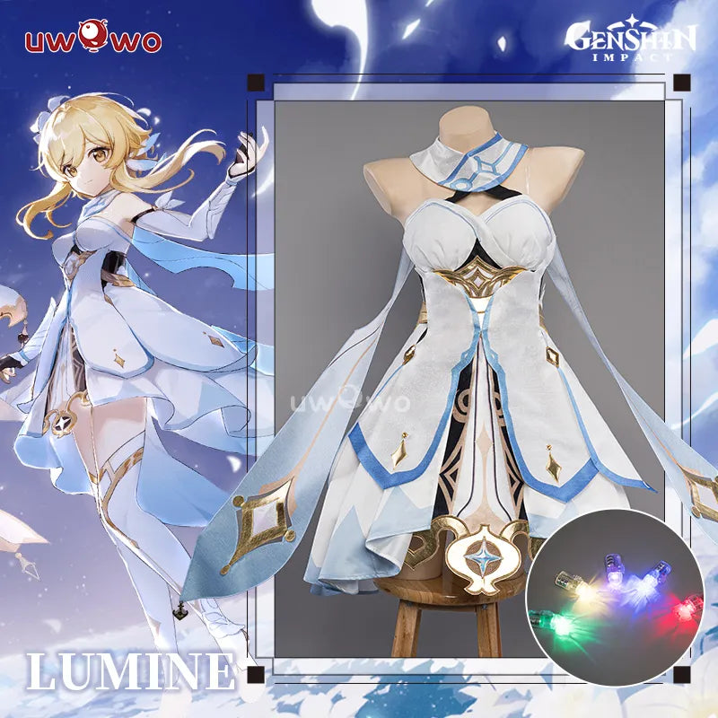 In Stock UWOWO Traveler Lumine Cosplay Costume Game Genshin Impact LED Female Lumine Dress Full Set Oufits with Shinning Lights
