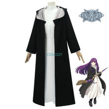 Load image into Gallery viewer, Anime Frieren: Beyond Journey&#39;s End Fern Cosplay Costume White Long Dress and Black Robe Purple Wig Headwear Halloween Suit
