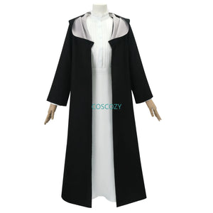 Anime Frieren: Beyond Journey's End Fern Cosplay Costume White Long Dress and Black Robe Purple Wig Headwear Halloween Suit