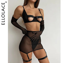Load image into Gallery viewer, Ellolace Sensual Lingerie Cut Out Bra Garter Lace Up Bandage Sissy Underwear 4-Piece Exotic Sets Transparent Mesh Intimate
