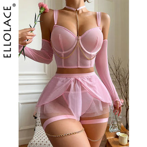 Ellolace Light Pink Lace Lingerie Gril Sexy Ruffle Underwear Halter Intimate Outfits With Long Sleeve Bilizna New In Erotic Set