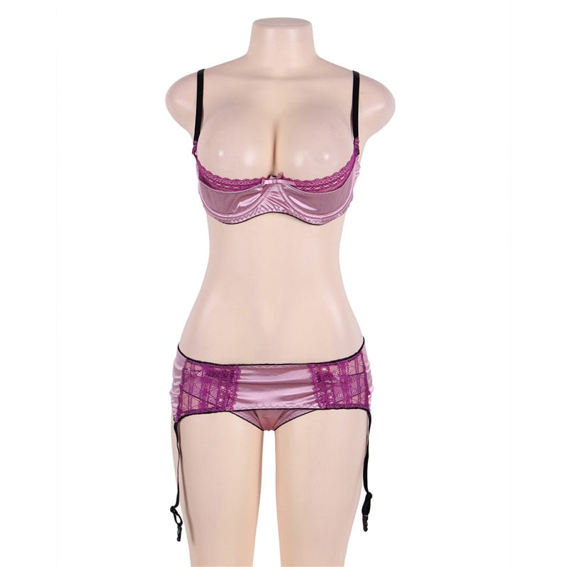 Satin women lingerie garter set big size open cup bra exotic apparel stripper clothes RW80396 purple lace bielizna erotyczna