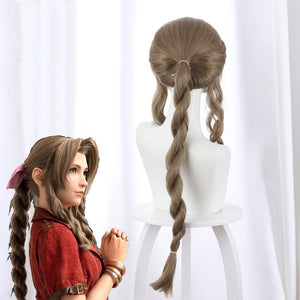 Aerith Gainsborough Cosplay Wig Final Fantasy VII Remake Alice Hair Women Ponytail and Free Bow Headwear+Wig Cap - CosCouture