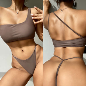 2022 European and American New Bikinis Thong Swimsuit One Shoulder Sexy Backless Split Swimsuit Women Solid Bikini