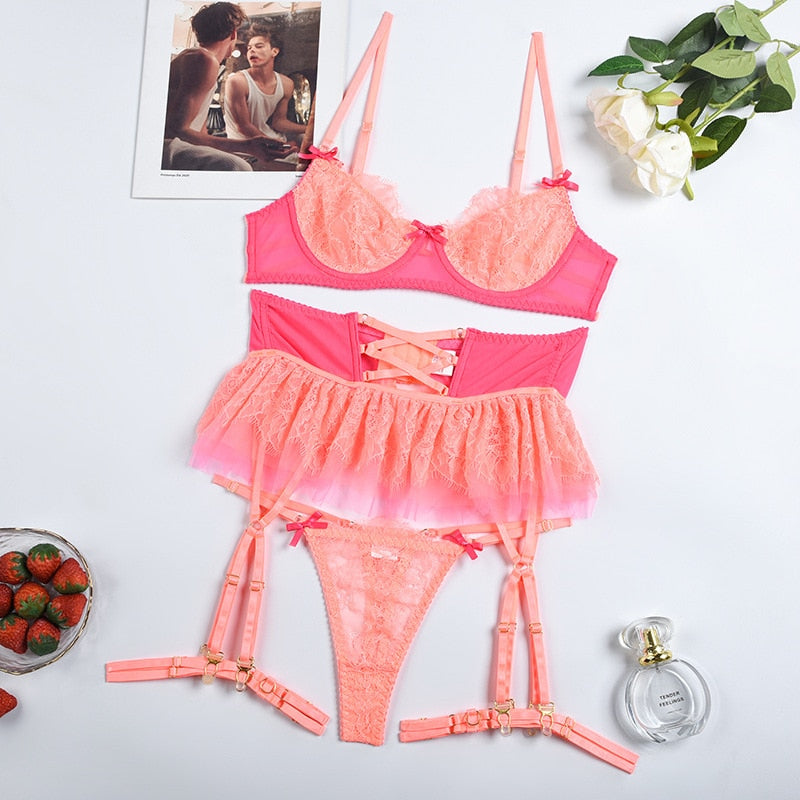 Yimunancy Contrast Color Lace Erotic Set Women 4-Piece Mesh Patchwork Fancy Ball Gown Sexy Lingerie Set Brief Garter Kit