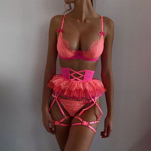 Yimunancy Contrast Color Lace Erotic Set Women 4-Piece Mesh Patchwork Fancy Ball Gown Sexy Lingerie Set Brief Garter Kit