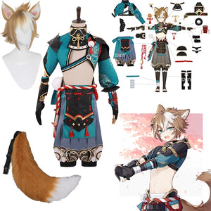 Genshin Impact Gorou Cosplay Costume Gorou Cosplay Costume Men Blue Fox Boy Costume Halloween Pants Tail Ears Full Set