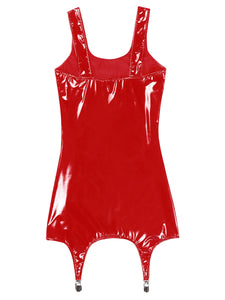Sexy Womens Patent Leather Bodycon Mini Dresses with Metal Clips Wet Look Clubwear Costume Sleeveless Latex Tank Dresses