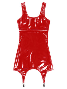 Sexy Womens Patent Leather Bodycon Mini Dresses with Metal Clips Wet Look Clubwear Costume Sleeveless Latex Tank Dresses