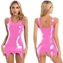 Load image into Gallery viewer, Sexy Womens Patent Leather Bodycon Mini Dresses with Metal Clips Wet Look Clubwear Costume Sleeveless Latex Tank Dresses
